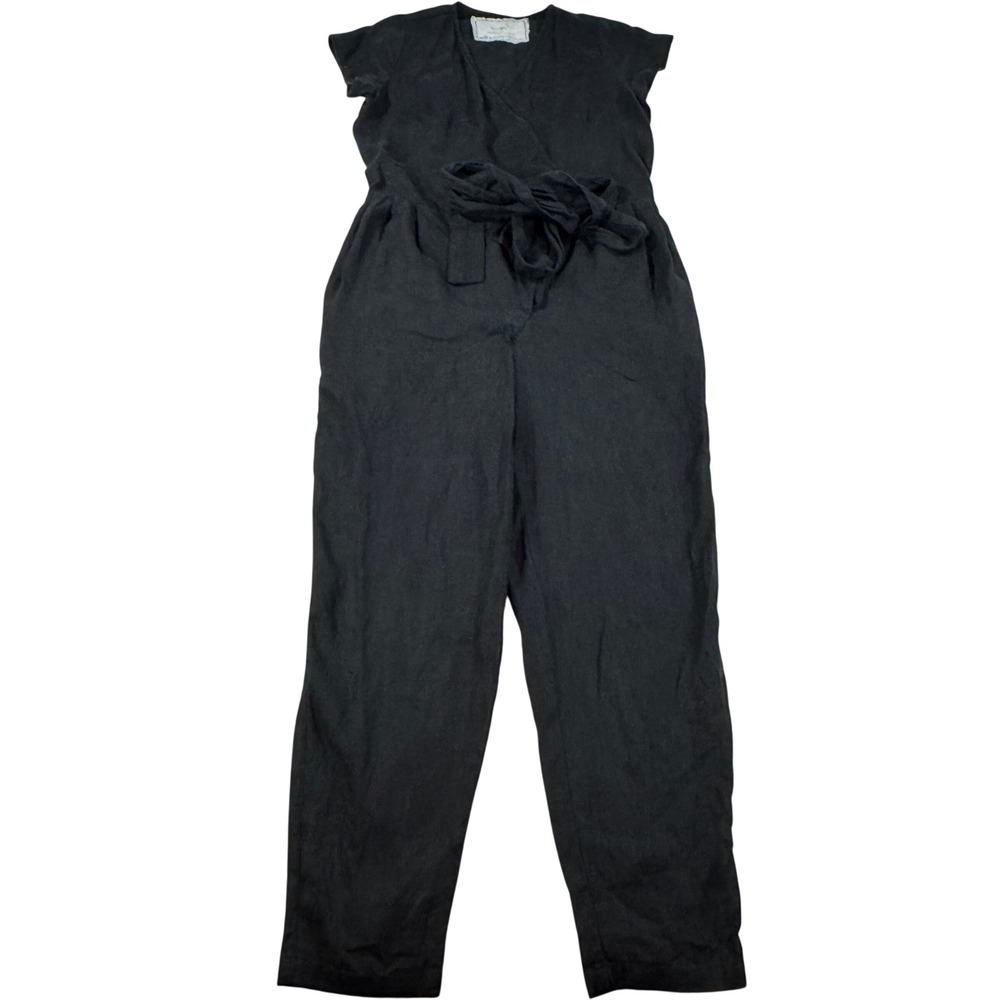not PERFECT LINEN Black 100% Linen Wrap Jumpsuit Tie Waist S/M Boho Whimsical